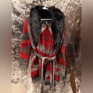 Lauren Ralph Lauren Red and Gray Cardigan with Black Faux Fur Collar